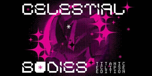 Cover art for celestial bodies: a collection of magenta stars among black nothingness.